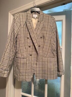 Nine West Gray and Cream Plaid Double-Breasted Blazer